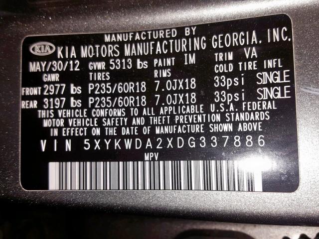 5XYKWDA2XDG337886 - 2013 KIA SORENTO SX GRAY photo 10