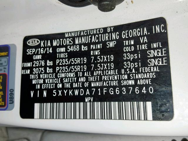 5XYKWDA71FG637640 - 2015 KIA SORENTO SX WHITE photo 10