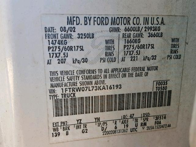 1FTRW07L73KA16193 - 2003 FORD F150 SUPER WHITE photo 10