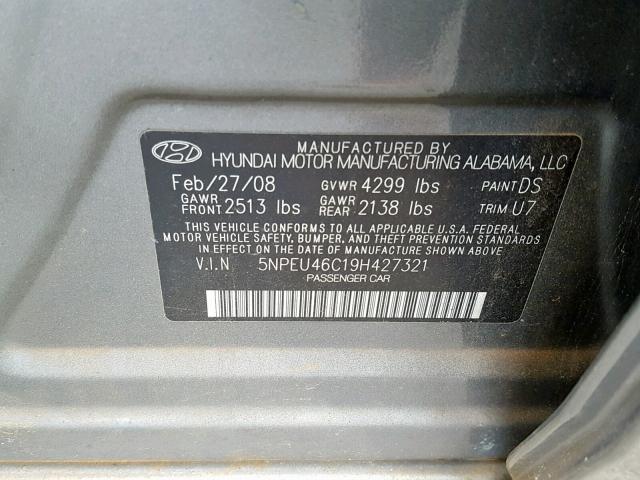 5NPEU46C19H427321 - 2009 HYUNDAI SONATA SE GRAY photo 10