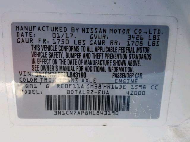 3N1CN7AP8HL843190 - 2017 NISSAN VERSA S WHITE photo 10