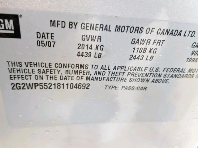 2G2WP552181104692 - 2008 PONTIAC GRAND PRIX SILVER photo 10