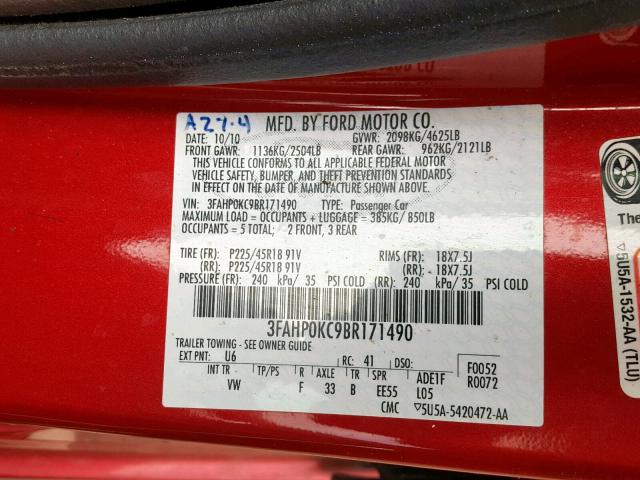 3FAHP0KC9BR171490 - 2011 FORD FUSION SPO RED photo 10