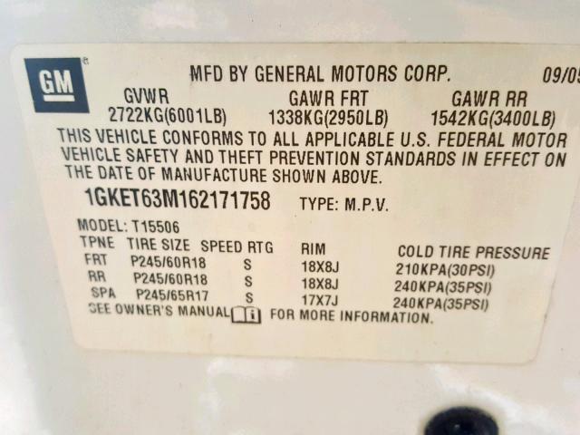 1GKET63M162171758 - 2006 GMC ENVOY DENA WHITE photo 10