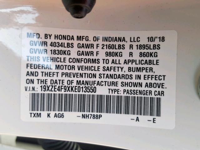 19XZE4F9XKE013550 - 2019 HONDA INSIGHT TO WHITE photo 10