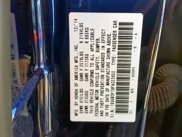 19UUB3F78FA003850 - 2015 ACURA TLX ADVANC 蓝色 照片 10