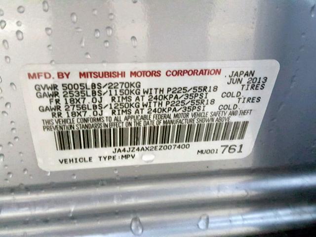 JA4JZ4AX2EZ007400 - 2014 MITSUBISHI OUTLANDER GRAY photo 10