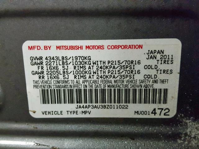 JA4AP3AU3BZ011022 - 2011 MITSUBISHI OUTLANDER GRAY photo 10