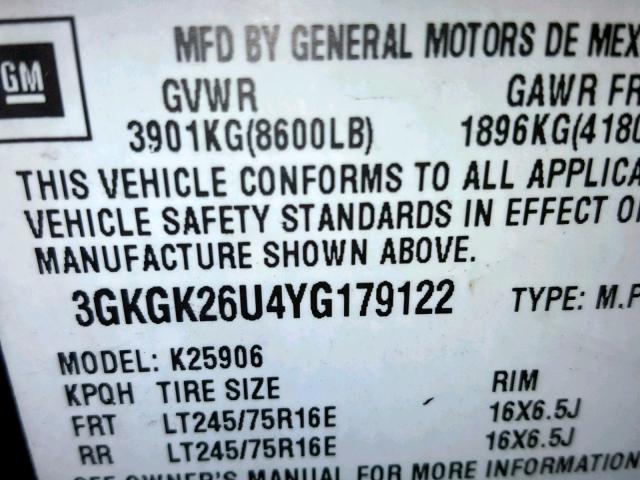 3GKGK26U4YG179122 - 2000 GMC YUKON XL K BLACK photo 10