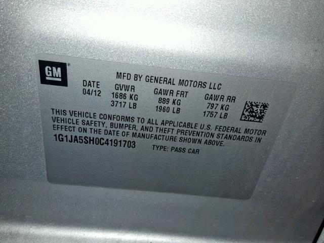 1G1JA5SH0C4191703 - 2012 CHEVROLET SONIC LS 灰色 照片 10