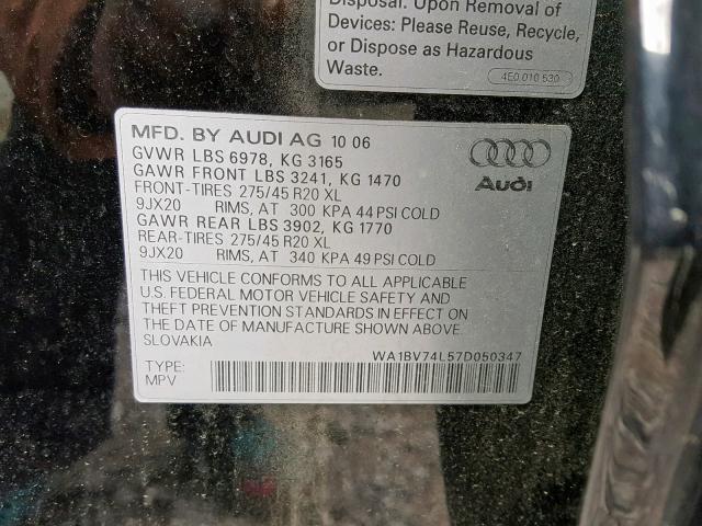 WA1BV74L57D050347 - 2007 AUDI Q7 4.2 QUA BLACK photo 10