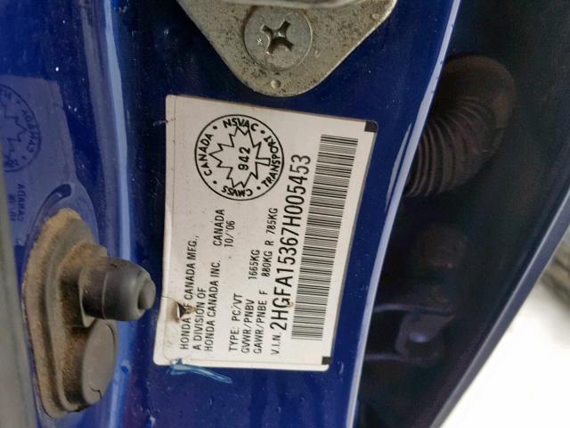 2HGFA15367H005453 - 2007 HONDA CIVIC DX BLUE photo 10