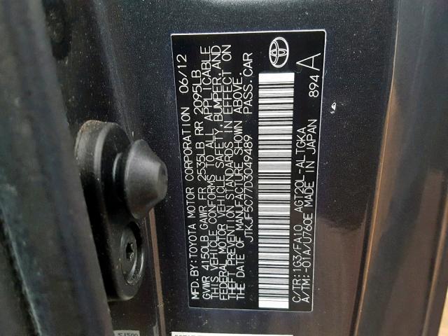 JTKJF5C77D3049489 - 2013 TOYOTA SCION TC 灰色 照片 10