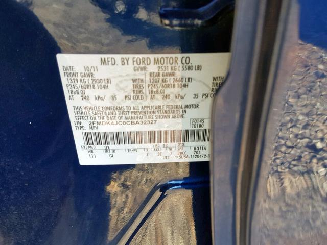 2FMDK4JC0CBA32327 - 2012 FORD EDGE SEL BLUE photo 10