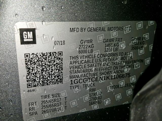 1GCGTCEN1K1106675 - 2019 CHEVROLET COLORADO L GRAY photo 10