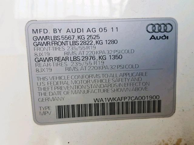 WA1WKAFP7CA001900 - 2012 AUDI Q5 PRESTIG WHITE photo 10