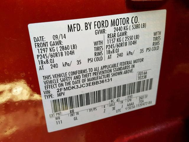 2FMDK3JC3EBB36131 - 2014 FORD EDGE SEL RED photo 10