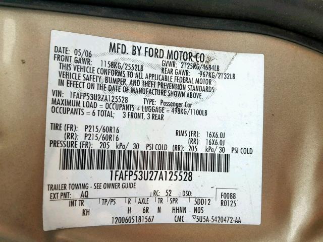 1FAFP53U27A125528 - 2007 FORD TAURUS SE GOLD photo 10