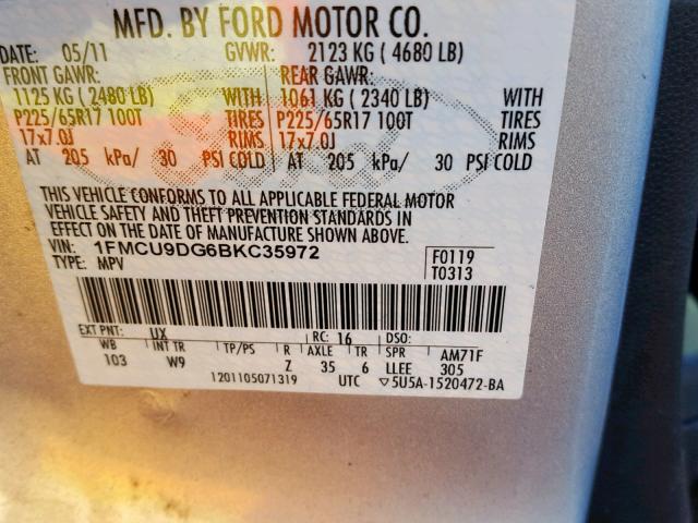 1FMCU9DG6BKC35972 - 2011 FORD ESCAPE XLT SILVER photo 10