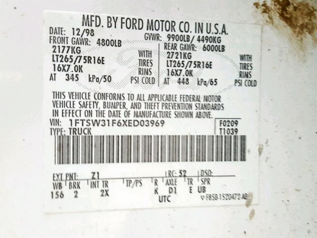 1FTSW31F6XED03969 - 1999 FORD F350 SRW S WHITE photo 10