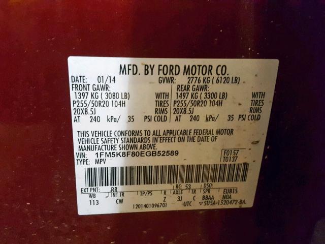 1FM5K8F80EGB52589 - 2014 FORD EXPLORER L RED photo 10