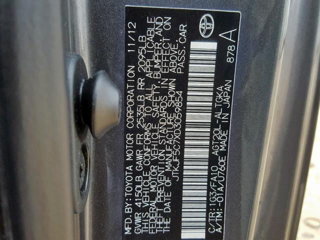 JTKJF5C7XD3059854 - 2013 TOYOTA SCION TC გრაფიტი ფოტო 10