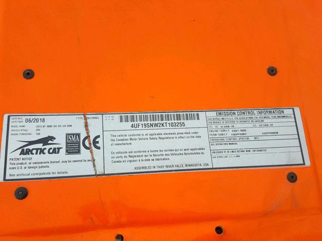 4UF19SNW2KT103255 - 2019 ARCT SNOWMOBILE ORANGE photo 10