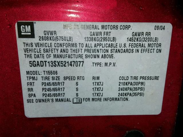 5GADT13SX52147077 - 2005 BUICK RAINIER CX RED photo 10