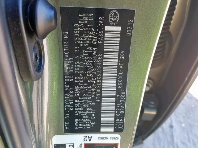 4T1BK3DBXBU384568 - 2011 TOYOTA AVALON BAS GREEN photo 10