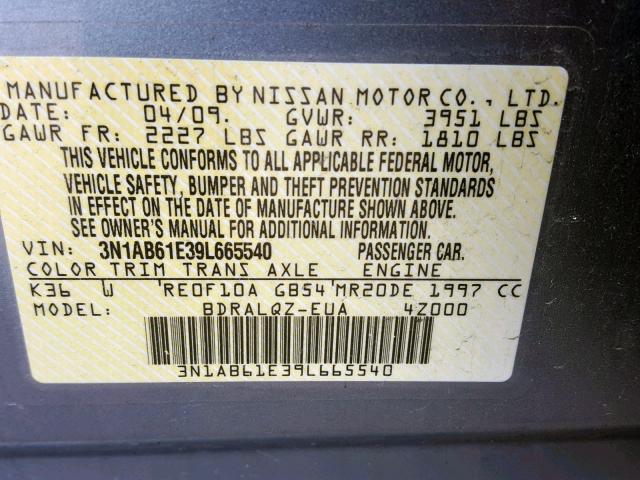 3N1AB61E39L665540 - 2009 NISSAN SENTRA 2.0 GRAY photo 10