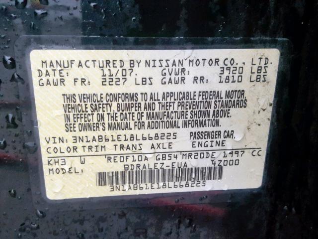 3N1AB61E18L668225 - 2008 NISSAN SENTRA 2.0 BLACK photo 10