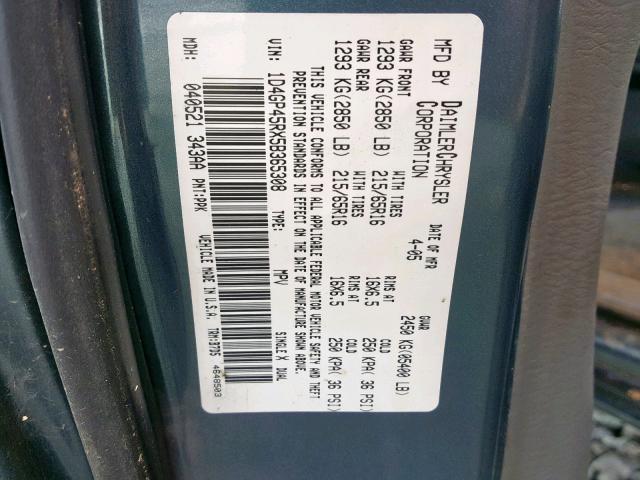 1D4GP45RX5B365308 - 2005 DODGE CARAVAN SX GRAY photo 10