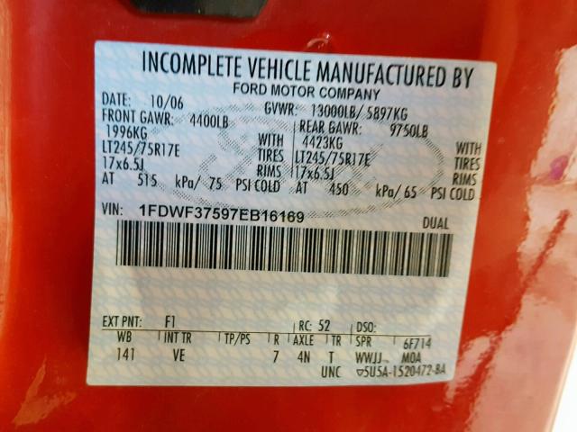 1FDWF37597EB16169 - 2007 FORD F350 SUPER RED photo 10