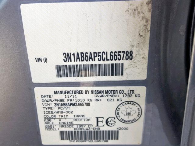 3N1AB6AP5CL665788 - 2012 NISSAN SENTRA 2.0 GRAY photo 10