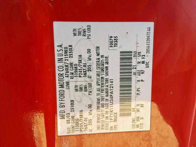 1FTYR11U34PA12141 - 2004 FORD RANGER RED photo 10