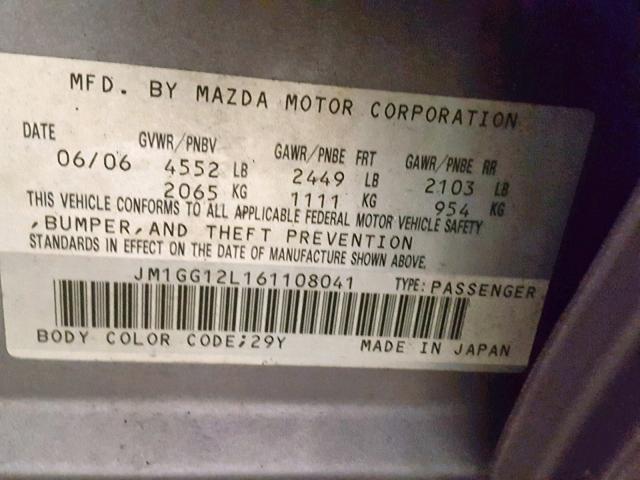 JM1GG12L161108041 - 2006 MAZDA SPEED 6 GRAY photo 10