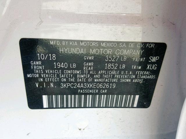 3KPC24A3XKE062619 - 2019 HYUNDAI ACCENT SE WHITE photo 10