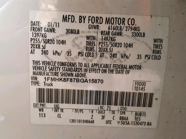 1FMHK8F87BGA15870 - 2011 FORD EXPLORER L WHITE photo 10