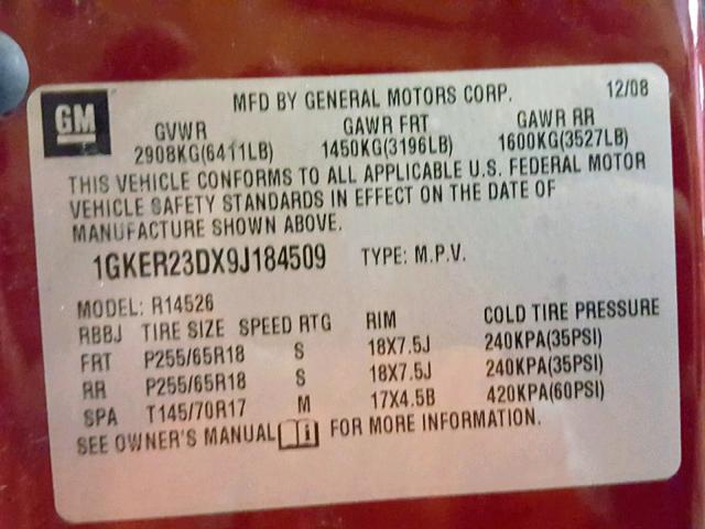 1GKER23DX9J184509 - 2009 GMC ACADIA SLT MAROON photo 10