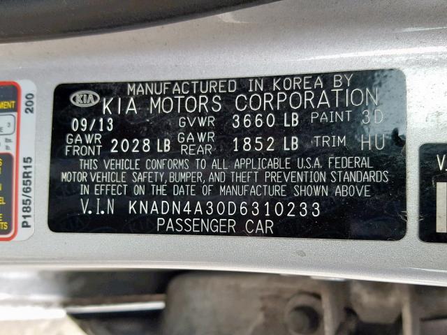 KNADN4A30D6310233 - 2013 KIA RIO EX SILVER photo 10