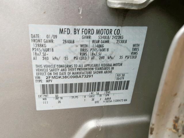 2FMDK38C09BA73291 - 2009 FORD EDGE SEL SILVER photo 10