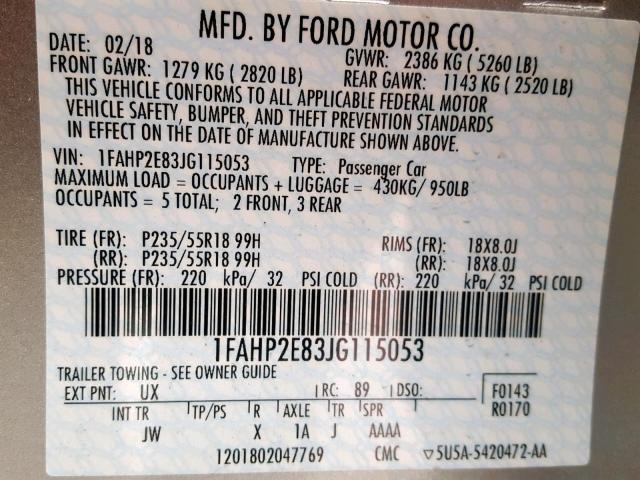 1FAHP2E83JG115053 - 2018 FORD TAURUS SEL SILVER photo 10