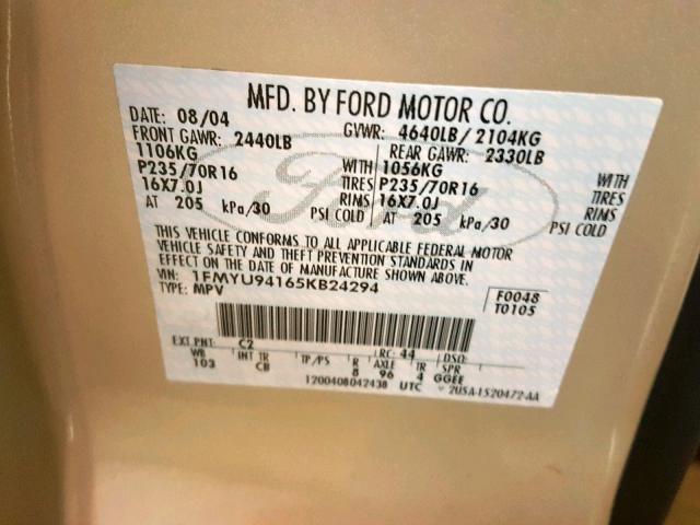 1FMYU94165KB24294 - 2005 FORD ESCAPE LIM GOLD photo 10