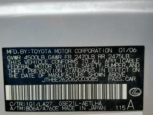 JTHBE262062003085 - 2006 LEXUS IS 350 SILVER photo 10