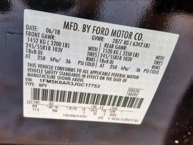 1FM5K8AR3JGC17753 - 2018 FORD EXPLORER P أسود صورة 10