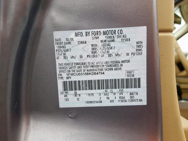 1FMCU03158KD84794 - 2008 FORD ESCAPE XLT GRAY photo 10