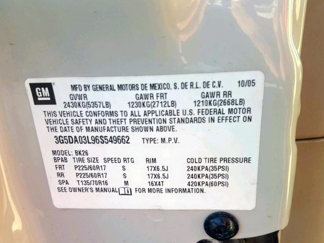 3G5DA03L96S549662 - 2006 BUICK RENDEZVOUS CREAM photo 10