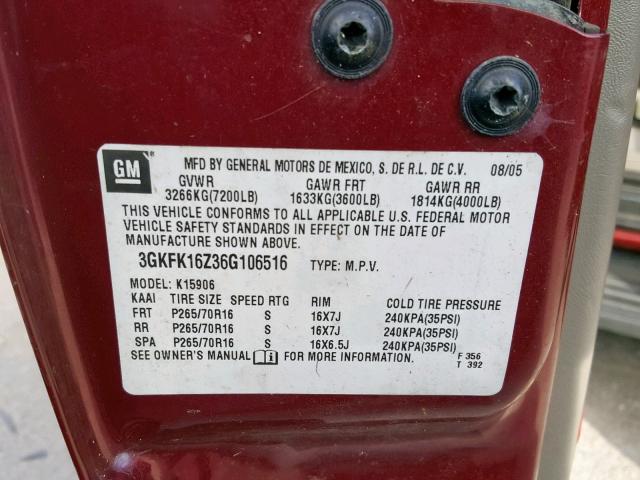 3GKFK16Z36G106516 - 2006 GMC YUKON XL K MAROON photo 10