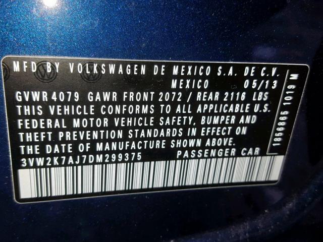 3VW2K7AJ7DM299375 - 2013 VOLKSWAGEN JETTA BASE Կապույտ լուսանկար 10