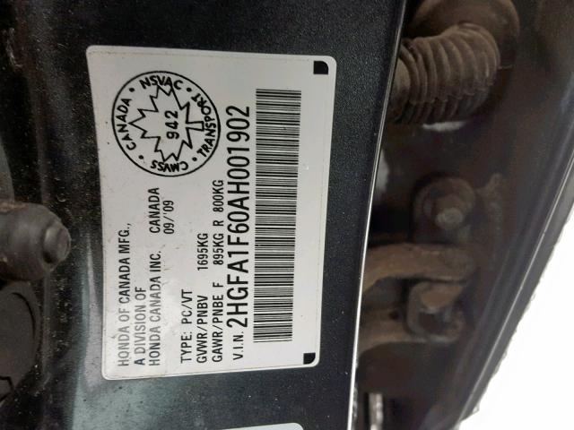 2HGFA1F60AH001902 - 2010 HONDA CIVIC GRAY photo 10